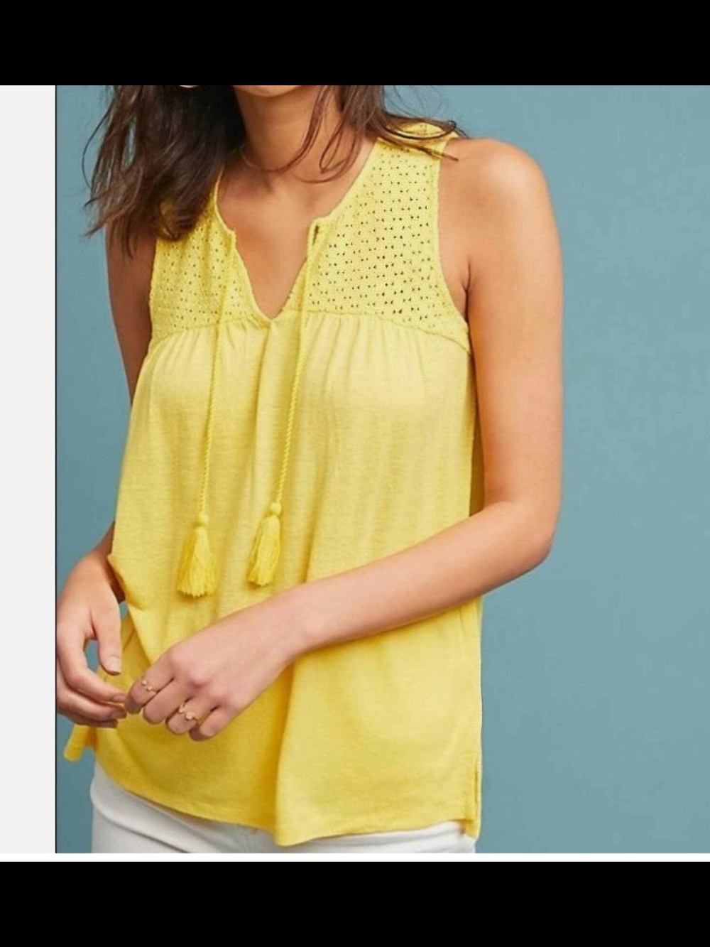 Anthropologie Sunny Yellow Crochet Yoke Tassel Camisole Xs